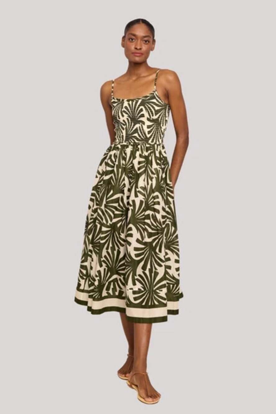 Cara Cara Carmen Dress Catalina Olive Green 100% Cotton Vibrant Midi Dress XXS